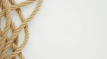 Twisted linen rope looped neatly on a clean white surface showcasing natural textures and craftsmanship photo