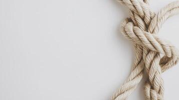 Twisted jute rope arranged in a loop on a clean white background for crafting and decorative purposes photo