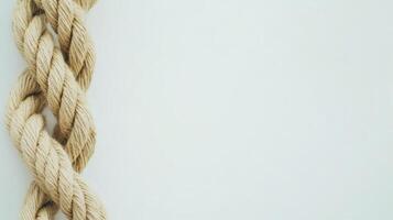 Twisted jute rope laid against a smooth white background creating a minimalistic and natural aesthetic photo