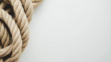 Twisted jute rope forming a loop against a clean white background for crafts and decor photo