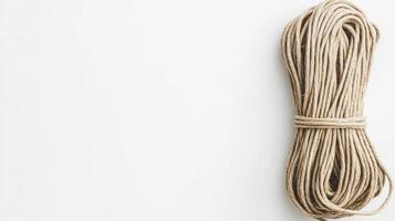 Twisted linen rope made from jute laying on a white background in a simple display photo