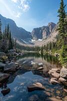 Majestic lake nestled in the forest surrounded by towering mountains on a bright sunny day photo