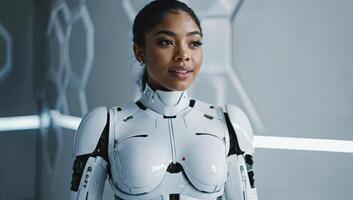 Futuristic humanoid robot interacting in a sleek technological environment during a creative project photo