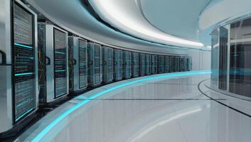 Modern data center with sleek design and advanced technology featuring rows of servers photo