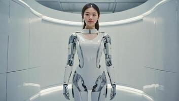 Futuristic humanoid robot stands in sleek corridor showcasing advanced robotics and technology photo