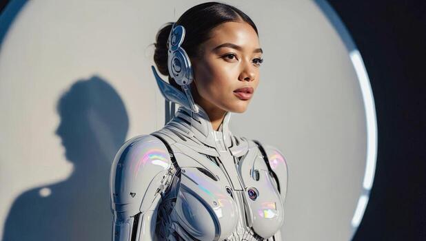 Futuristic android woman with sleek design and advanced technology in a modern setting photo