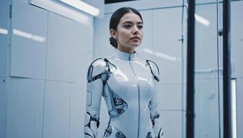 Woman in futuristic outfit standing in a sleek, modern facility during a technology demonstration photo