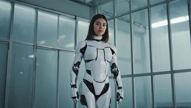 Futuristic humanoid in white robotic suit standing confidently in a high-tech laboratory setting photo