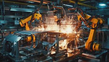 Automation in automotive manufacturing showcases robots welding and assembling metal components in a factory photo