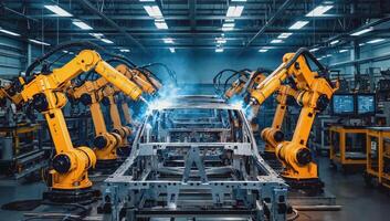 Industrial robots weld metal components in an automotive manufacturing plant during daytime operations photo