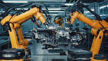 Advanced robots assembling machine parts in a modern manufacturing facility in industrial setting photo