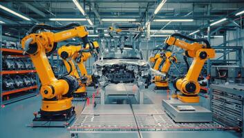 Advanced robotic arms assembling automotive parts in a modern manufacturing facility photo
