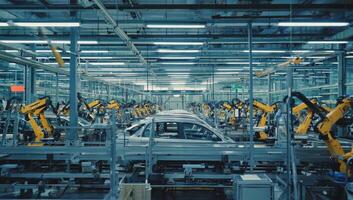 Manufacturing assembly line features robotic arms working on car production in a modern facility photo