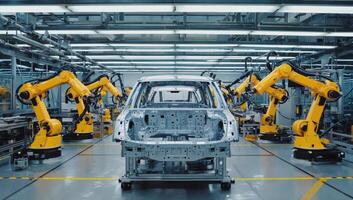 Production line with robotic arms assembling vehicle chassis in a modern facility photo