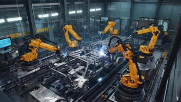 Robotic arms perform automotive assembly in high-tech manufacturing facility photo