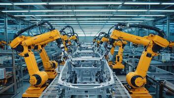 Advanced robotic arms assembling vehicle frames in a modern manufacturing facility photo