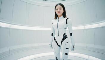 Robotic humanoid model in futuristic white suit stands in a sleek, modern facility photo