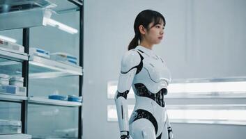 Robot and human interaction in a futuristic lab setting during daylight hours photo