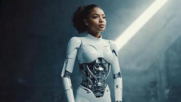 Futuristic humanoid robot standing in a high-tech environment with dramatic lighting photo