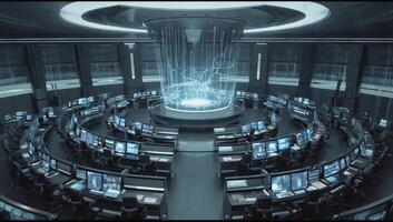 Futuristic command center filled with advanced technology and multiple computer screens photo