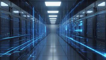 High-tech server room with futuristic data flow visualizations in a modern facility photo