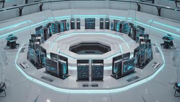 Futuristic technology control center with multiple screens and a circular layout showcasing advanced digital interfaces photo