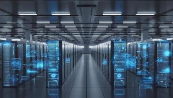 Advanced data center showcasing high-tech server racks and digital analytics in a modern facility photo
