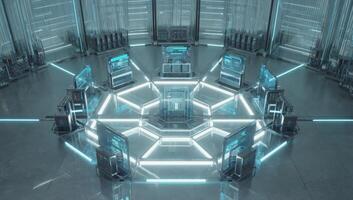 Futuristic control room with advanced technology and holographic displays photo