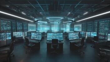 Futuristic control room filled with multiple screens and advanced technology at night photo