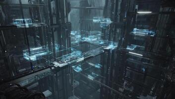 Futuristic digital environment showcasing elevated platforms and transparent structures in a high-tech setting photo