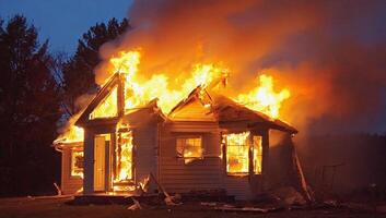 House engulfed in flames during nighttime fire incident in a suburban area photo