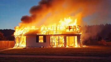House engulfed in flames during evening fire near forested area causing thick smoke and destruction photo