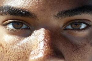Close-up view of a human face revealing natural skin changes and the healing process over time with visible texture variations and marks photo