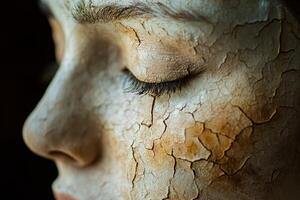 Close-up of a human face highlighting natural skin changes over time with texture variations and healing marks photo