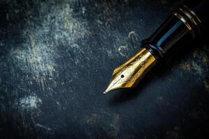 Luxurious black and gold fountain pen nib showcasing elegance and craftsmanship against a dark textured background photo