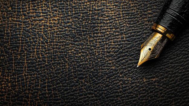 Luxurious black and gold fountain pen nib showcases craftsmanship against textured dark backdrop photo