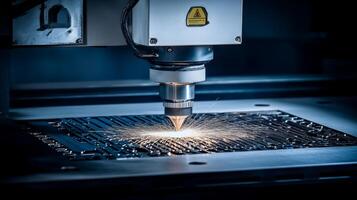 Metal laser cutting machine produces bright sparks in a dark workshop setting during industrial operation photo