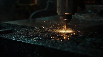 Close-up view of metal laser cutting machine creating sparks in an industrial setting at night photo