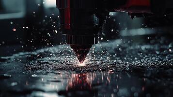 Close-up of metal laser cutting machine generating sparks in industrial workshop at night photo