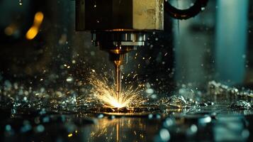 Close-up of metal laser cutting machine generating sparks in a dark workshop environment photo