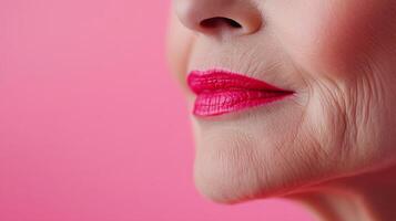 Close-up of senior woman displaying confidence with pink lipstick against soft background highlighting graceful aging photo