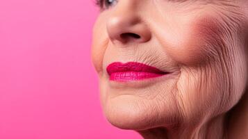 Close-up of a senior woman's lower face with vibrant pink lipstick against a soft pink background showcasing confidence and elegance photo