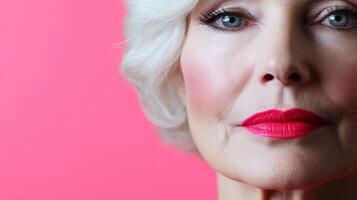 Senior woman's confident expression with vibrant pink lipstick against soft pink background showcases elegance of aging photo