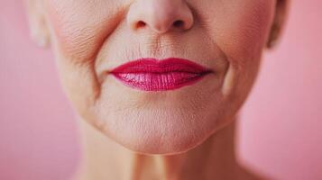 Senior woman showcases vibrant pink lipstick against a soft background, radiating confidence and elegance in graceful aging photo