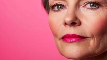 Senior woman's lower face showcases vibrant pink lipstick against a soft pink background with an expression of confidence and elegance photo