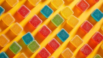 Colorful gummy candies arranged on vibrant yellow background create a playful confectionery pattern photo