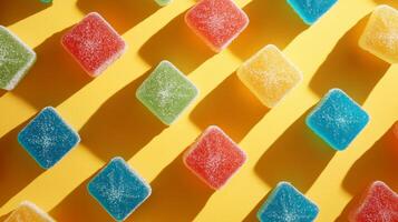 Colorful gummy candies arranged on vibrant yellow background creating playful patterns with soft shadows photo