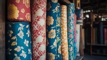 Colorful handmade fabric rolls organized neatly in a textile workshop setting photo