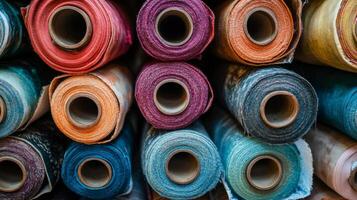 Colorful handmade fabric rolls neatly arranged in a vibrant textile workshop showcasing artisanal craftsmanship photo