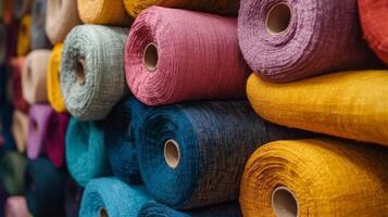 Colorful handmade fabric rolls stacked neatly in a textile workshop showcasing various textures and hues photo